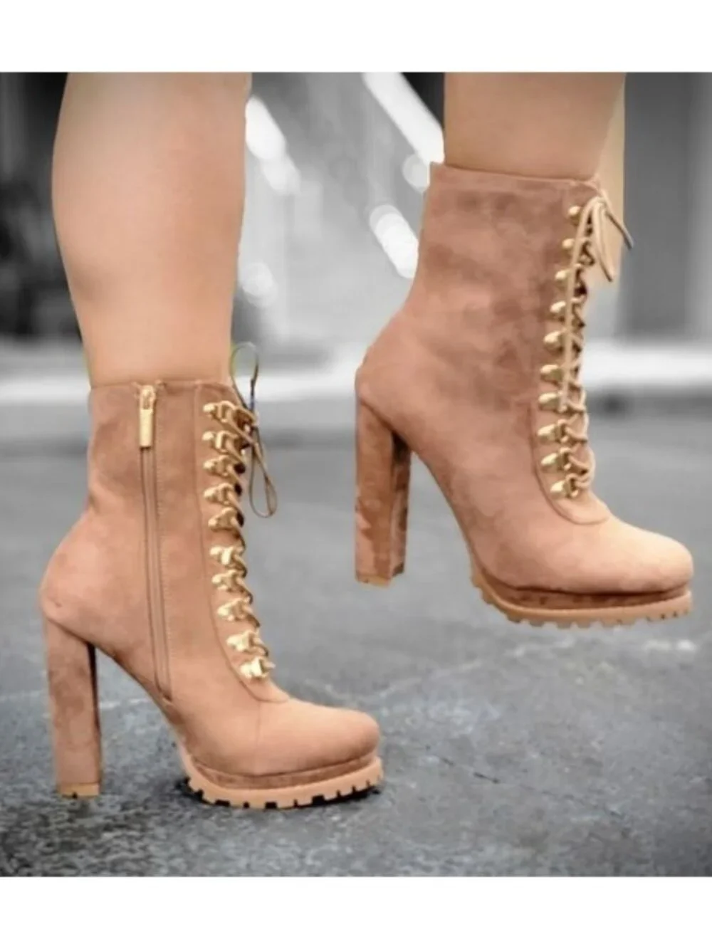 Taupe Lace up Platform Lug Sole Heeled Boots - Picture 2 of 6
